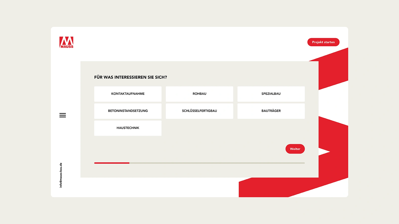 Screenshot von der Mauss Bau Webseite des Projekanfragen-Formulars
