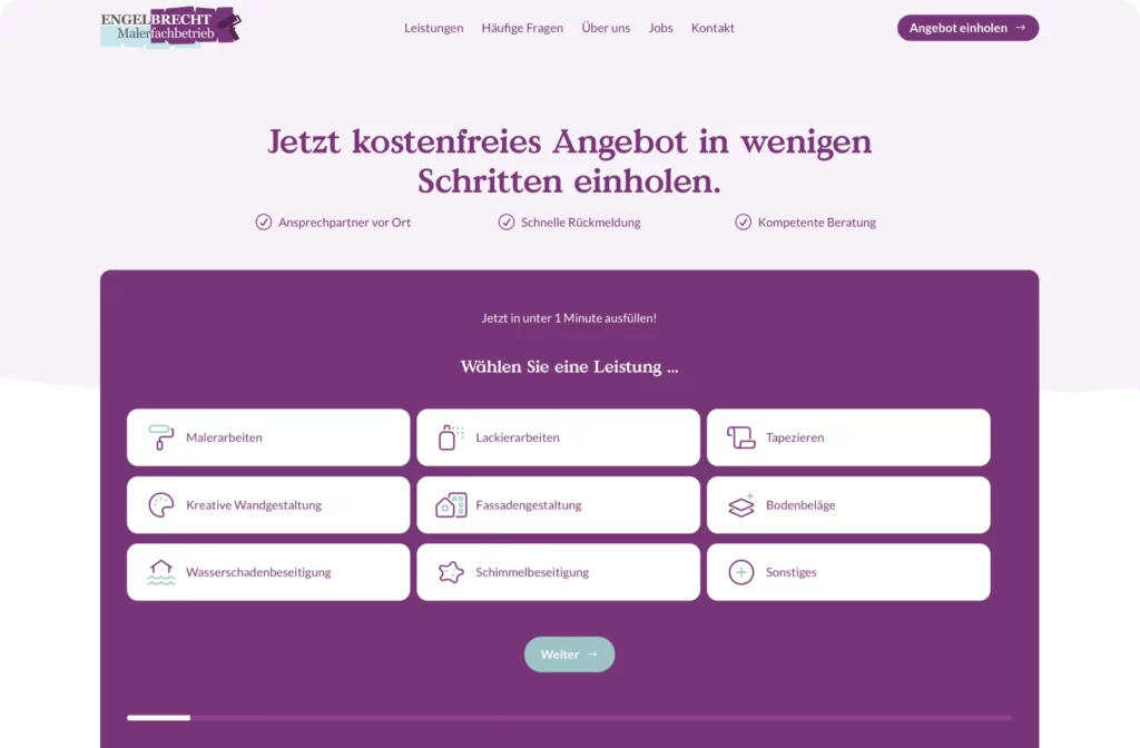 Screenshot von der Engelbrecht Malerfachbetrieb Webseite von einer Möglichkeit, ein kostenfreies Angebot einzuholen
