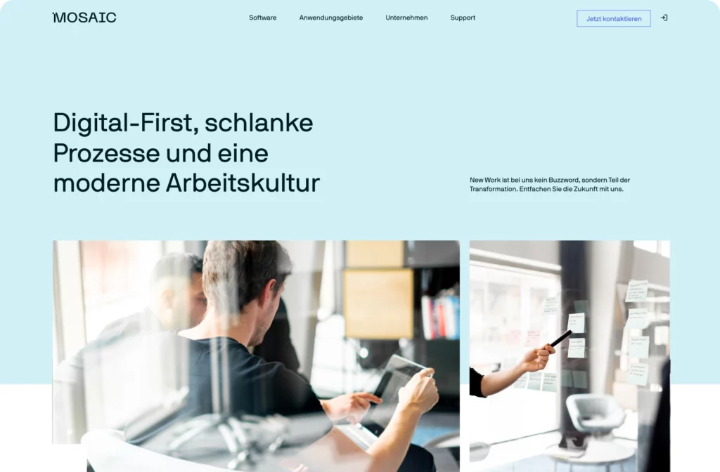 Screenshot von der MOSAIC Webseite. Die Seite betont digitale Prozesse und moderne Arbeitskultur
