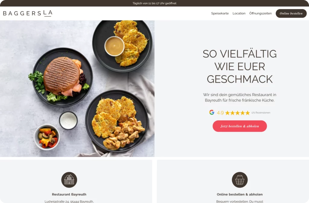 Screenshot von der Baggersla Webseite mit einem Bild vom Essen und Google Bewertungen