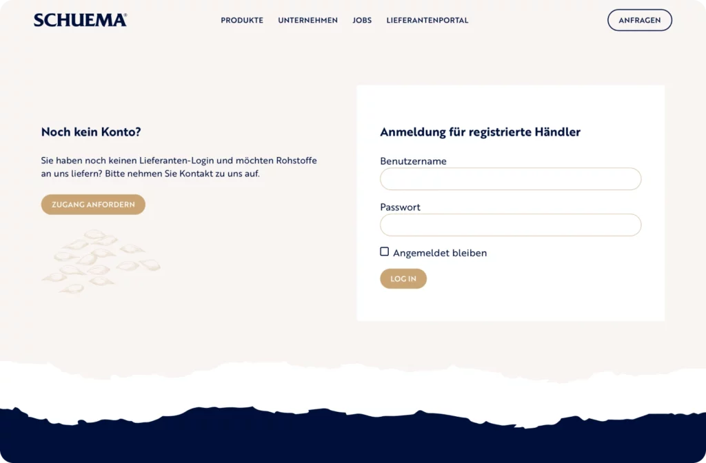 Screenshot von der Schuema Webseite, bei der man sich als registrierter Händler anmelden kann, oder Kontakt aufnehmen kann, um ein Konto zu bekommen
