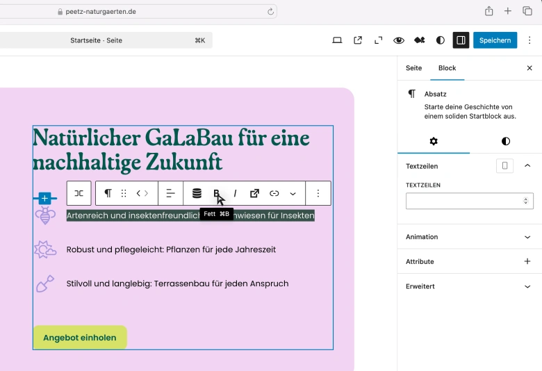 Screenshot aus Figma von der Peetz Naturgärten Webseite