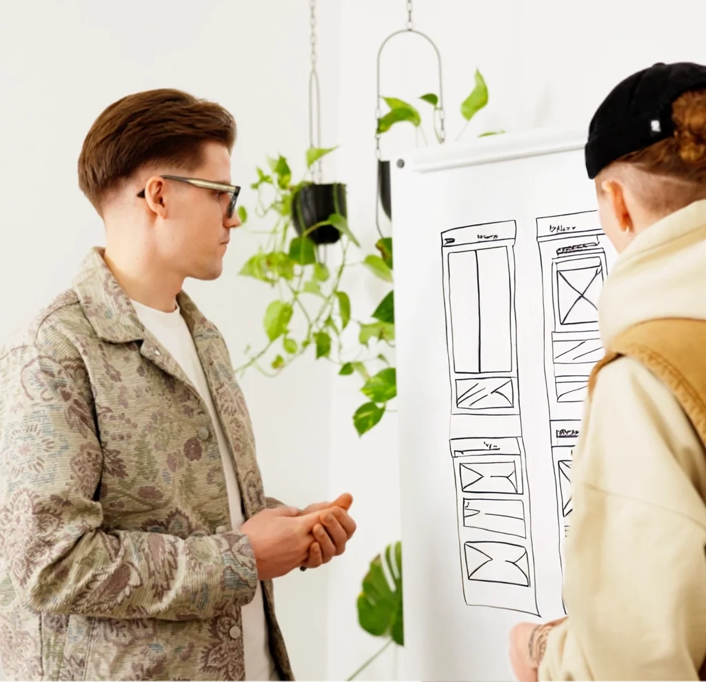 Junger Mann mit Brille und grauem Jackett steht vor einem Flipchart mit Wireframes.
