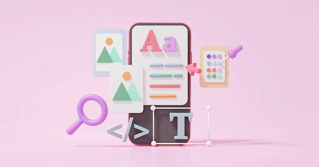 Grafik mit verschiedenen Elementen, die für ein Rebranding stehen, wie Farben, Schriften und Co.