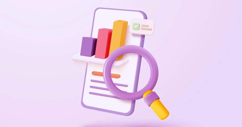 Smartphone mit Balkendiagramm und Text, davor eine Lupe als Symbol für Analyse und SEO