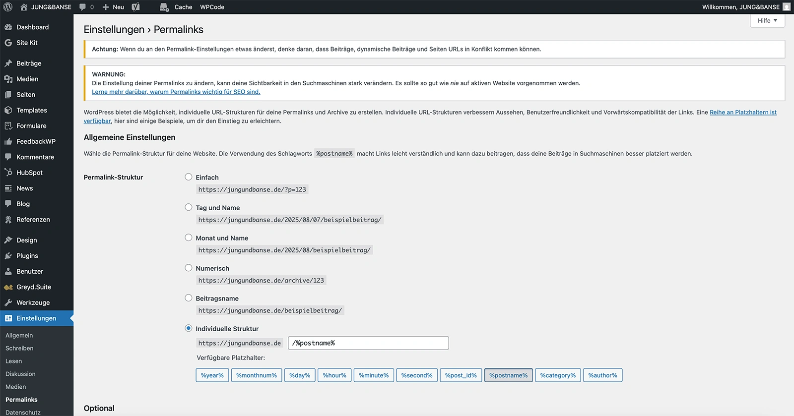 Screenshot von der Permalink-Einstellung in WordPress