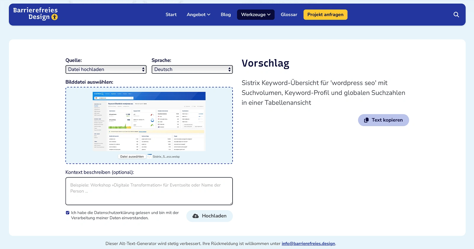 Screenshot eines Alt-Text-Generators mit Eingabefeldern für Quelle, Sprache und Bilddatei sowie Vorschlag für Sistrix Keyword-Übersicht zu 'wordpress seo' in Tabellenansicht