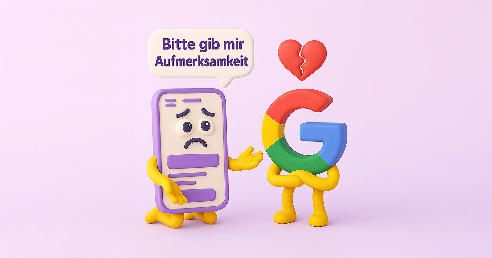 Zwei cartoonhafte Figuren: Eine mit einem traurigen Gesicht und einem Textfeld 'Bitte gib mir Aufmerksamkeit'. Die zweite Figur ist das Google-Logo.