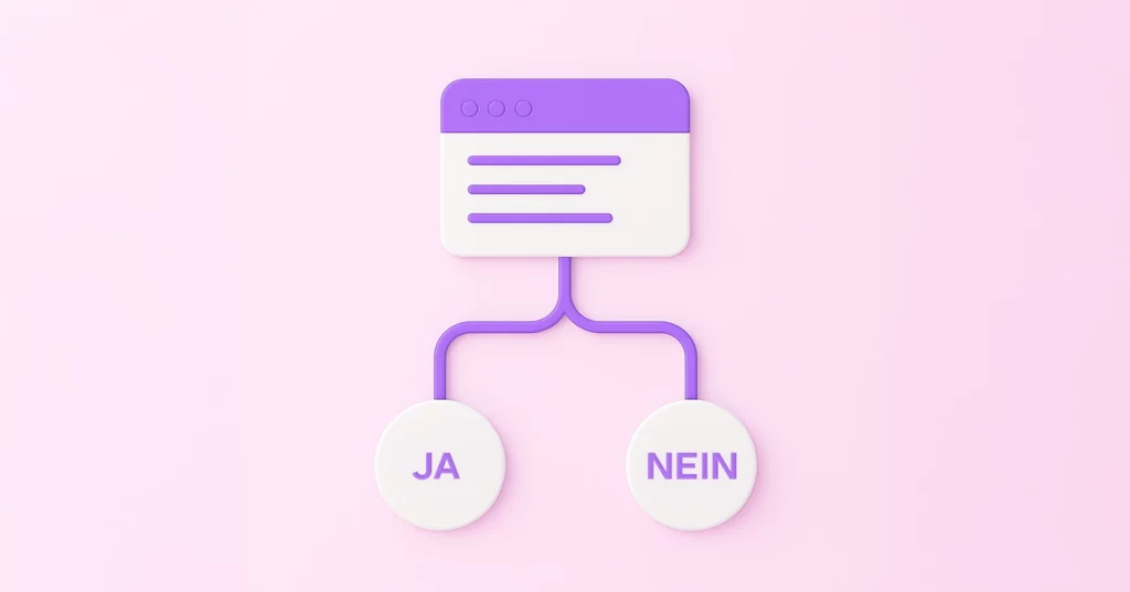 Flache Illustration eines Browserfensters mit zwei verbundenen Kreisen darunter, beschriftet mit 'JA' und 'NEIN'.