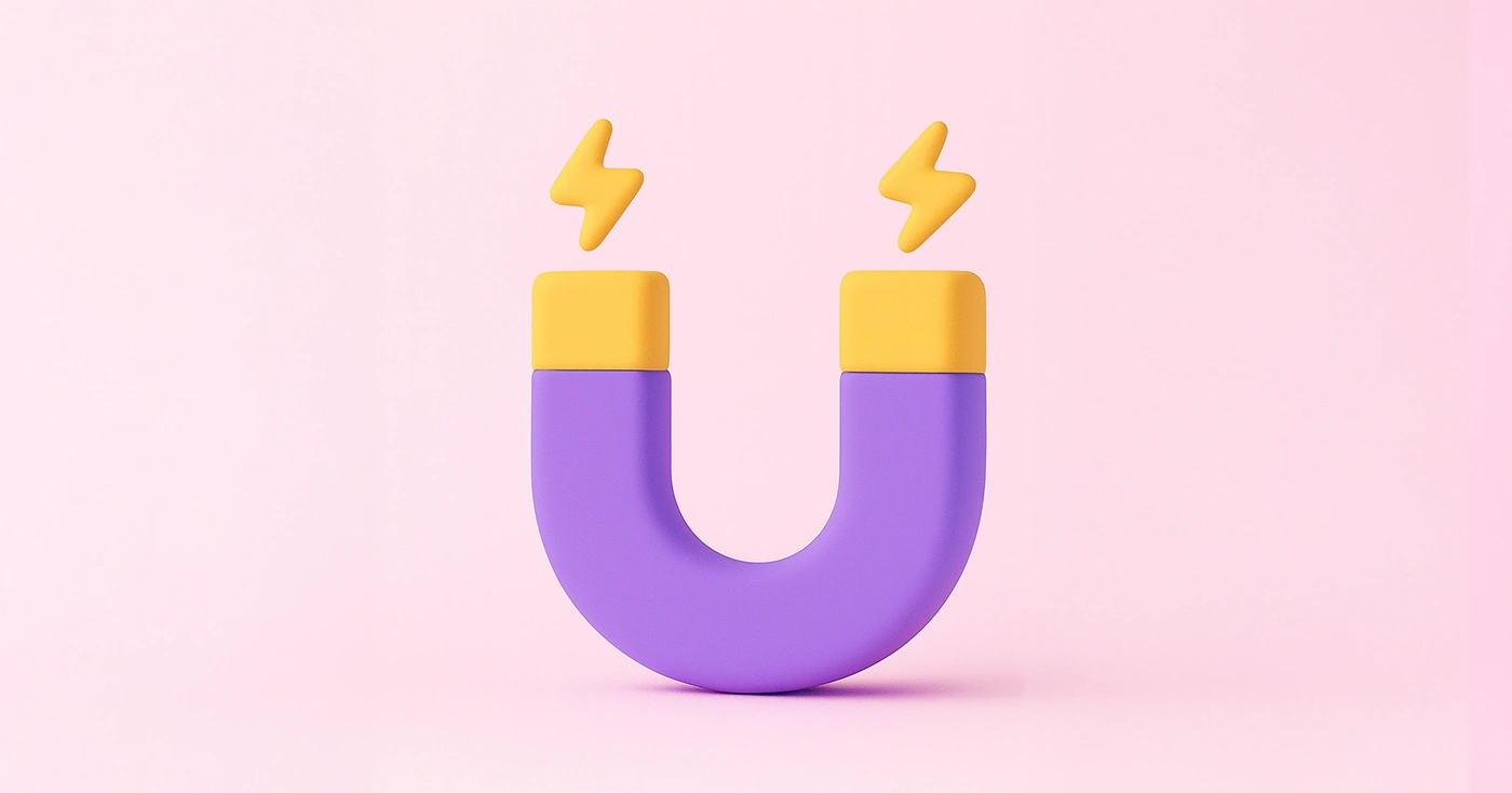 Lila Hufeisenmagnet mit gelben Enden und zwei gelben Blitzsymbolen darüber vor rosa Hintergrund.