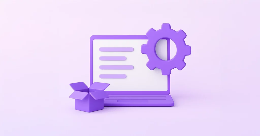 Lila Laptop mit geöffnetem Karton und Zahnrad-Symbol vor einfarbigem Hintergrund.