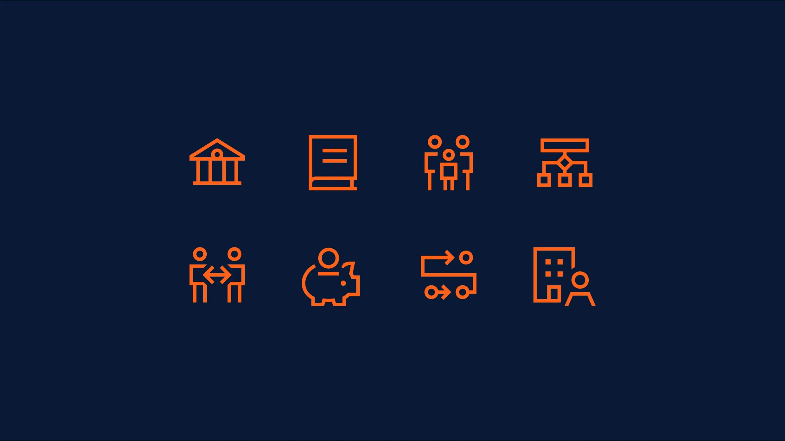 Acht orangefarbene Piktogramme auf dunklem Hintergrund, darunter Gebäude, Buch, Personen, Organigramm, Besprechung, Sparschwein mit Zahnrad, Pfeile und Person vor Gebäude.