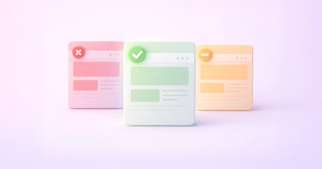 Drei stilisierte Browserfenster nebeneinander mit Symbolen für falsch, richtig und neutral.